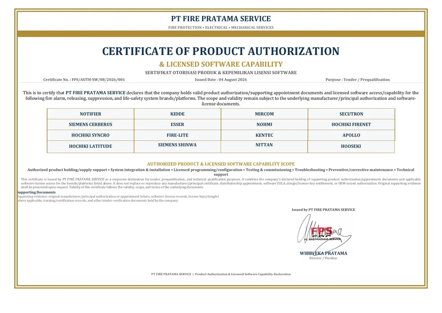 Preview Certificate of Product Authorization and Licensed Software Capability PT Fire Pratama Service