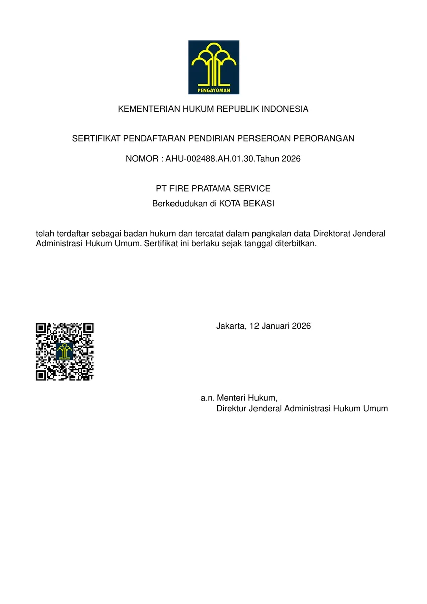 Preview Sertifikat Pendaftaran Pendirian Perseroan Perorangan PT Fire Pratama Service