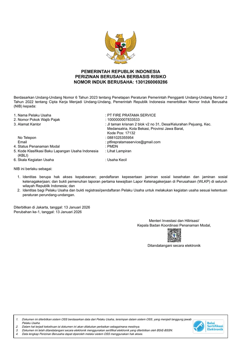Preview Nomor Induk Berusaha (NIB) PT Fire Pratama Service