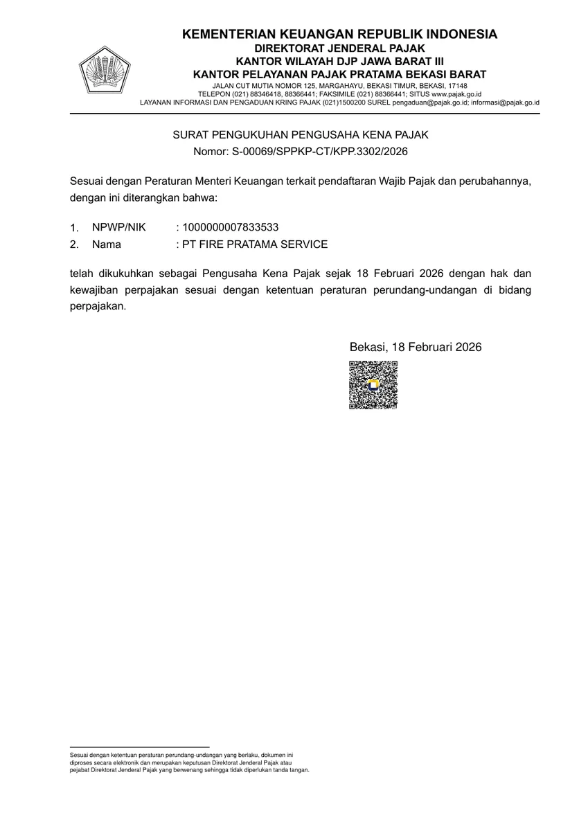 Preview Surat Pengukuhan Pengusaha Kena Pajak PT Fire Pratama Service