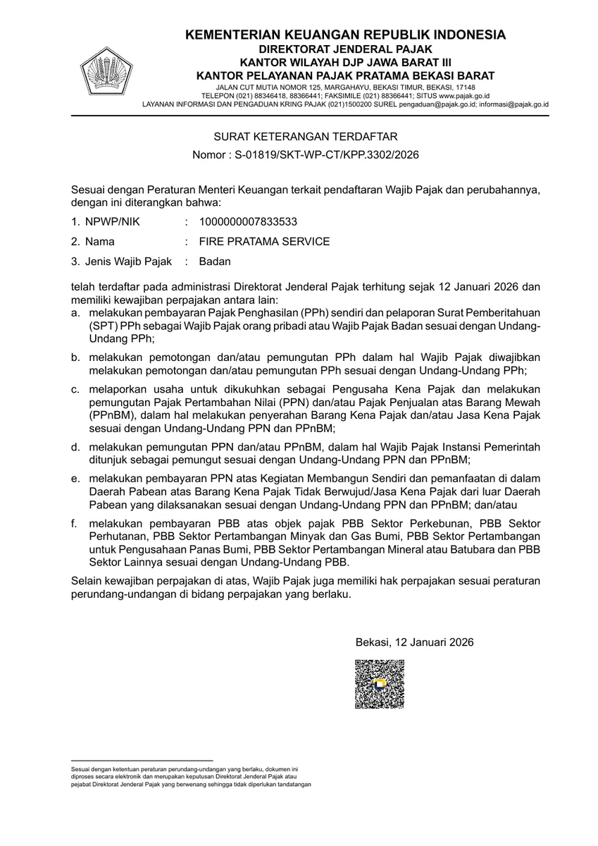Preview Surat Keterangan Terdaftar (SKT) PT Fire Pratama Service